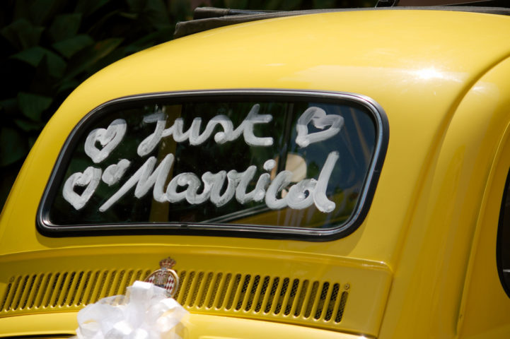 Beautiful wedding car with plate JUST MARRIED Stock Photo